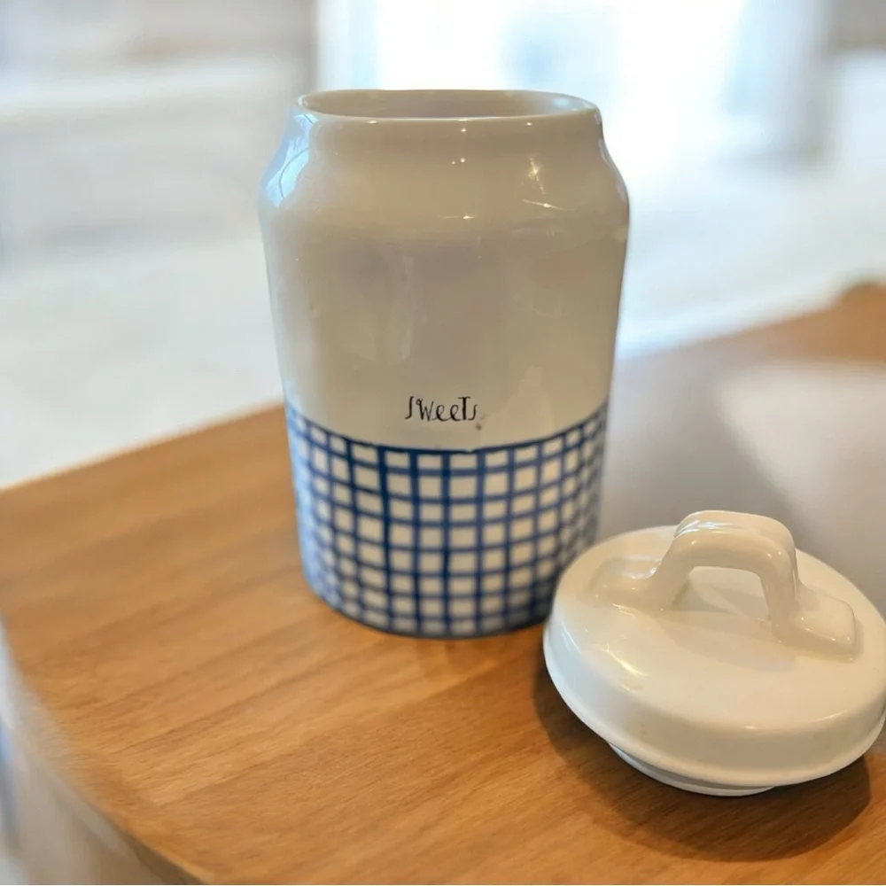 Rae Dunn Sweets Artisan Collection Ceramic Jar with Blue Grid Design